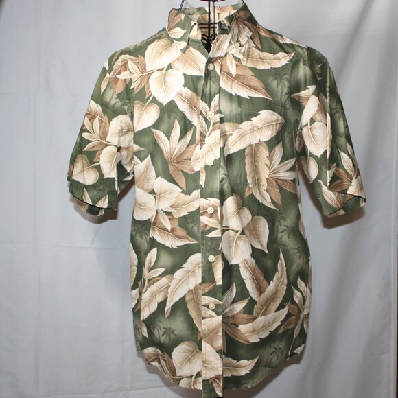 Men's Tropical Print Shirt Button Front Short Sleeve Green Tan All Cotton Sz S - Picture 1 of 6